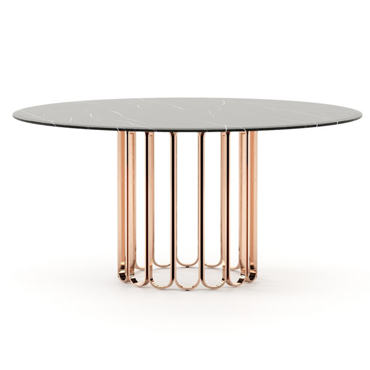 2019年新款桌子 Laskasas谢丽尔大理石圆餐桌 不锈钢电镀铁烤漆钢化玻璃实木桌面