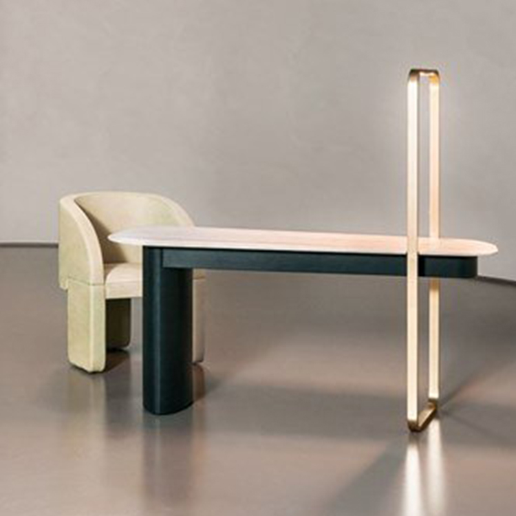 2022年新品 意大利巴克斯特椭圆书桌 不锈钢大理石实木边柜玄关桌 创意电脑桌