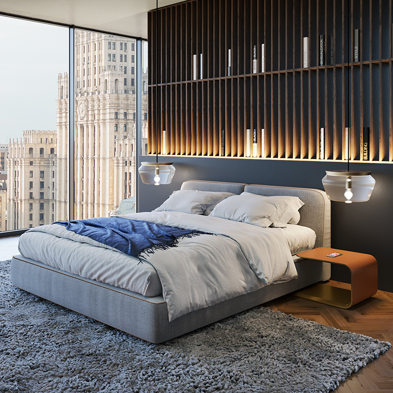 2022年新款 阿斯顿·马丁 卧室双人床带边几 不锈钢金色皮革茶几