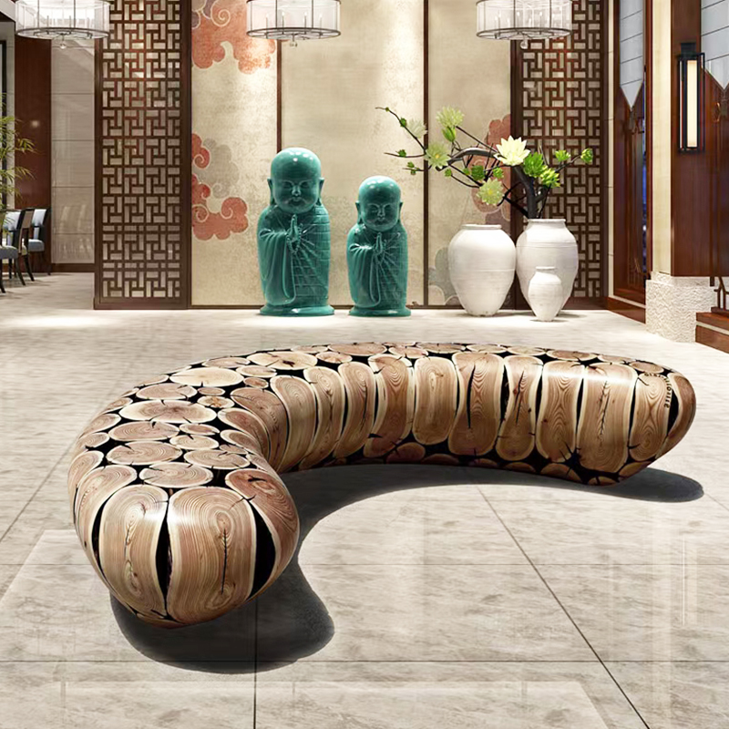 2022年实物 设计师玻璃钢绘色彩会弯曲实木坐凳拼接弧形创意简约现代大厅休息区售楼处长凳子